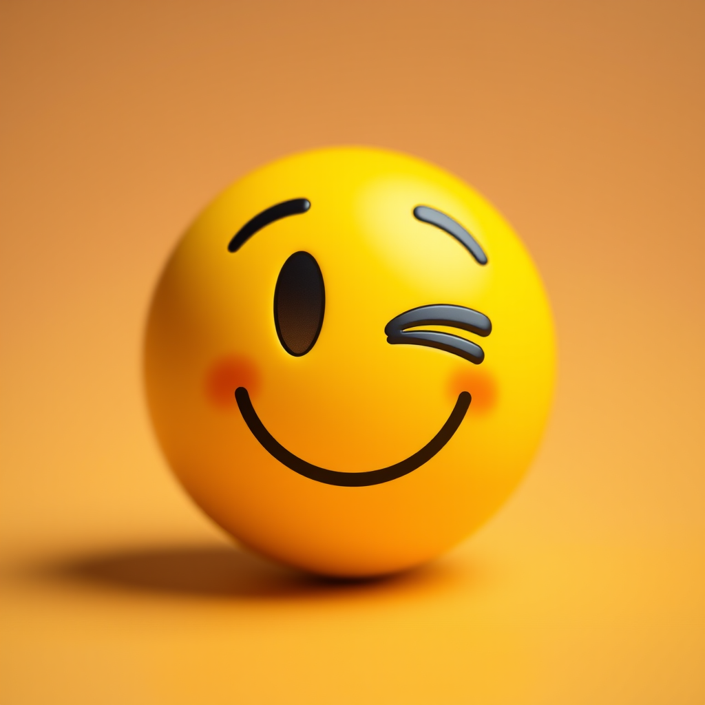 Create a high-resolution image of a smiling yellow emoji with a wink, using a soft focus effect, shot with a 50mm lens at f/1.8, ISO 100, and a bright, even lighting setup.