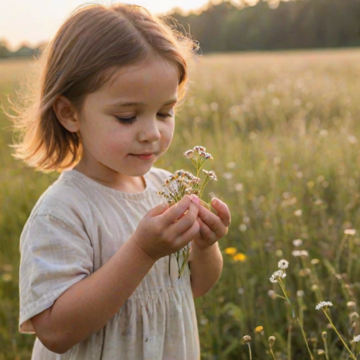 Softly focused image of a young child holding a handful of wildflowers, their small hand and the delicate petals bathed in soft morning light, with a blurred meadow in the background.