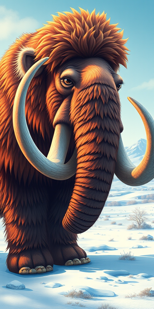 Create a detailed illustration of a woolly mammoth standing proudly on a snowy landscape, featuring a close-up view, vibrant colors, high contrast lighting, with a digital art style, using a 50mm lens, aperture f/8, ISO 100.