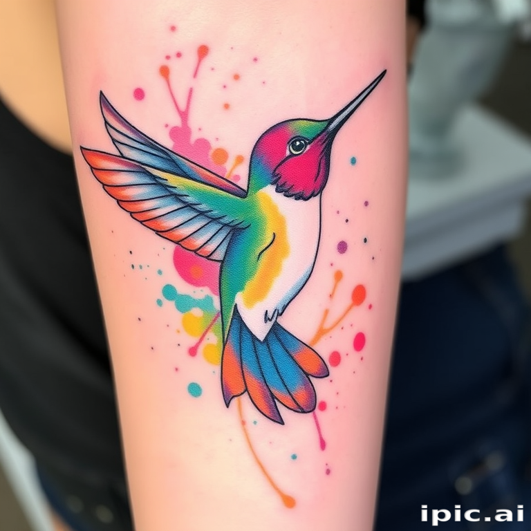 Watercolor splash tattoo depicting a vibrant hummingbird in flight, with loose, colorful splatters and delicate line details, titled "Iridescent Flutter"