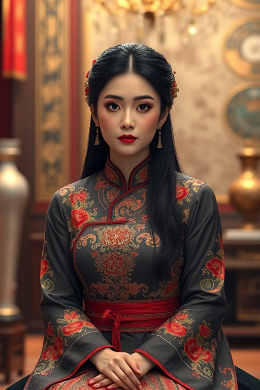 A beautiful Vietnamese woman in traditional East Asian attire, intricately detailed with embroidered patterns, sitting gracefully in a richly decorated room, soft ambient lighting, serene and elegant, ultra-realistic, 8K resolution