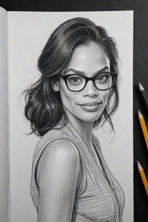 Captivating Rosario Dawson, pencil sketch, portrait of Bewitching woman 1980s in glasses, hair style beatnik, outline, clear lines, fine lines, 8k