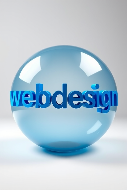 Create a 3D sphere featuring the word "webdesign" in various shades of blue, using a Canon EOS 5D Mark IV with a 50mm f/1.8 lens, aperture set to f/8, ISO 100, in a well-lit studio environment with a softbox for even lighting.