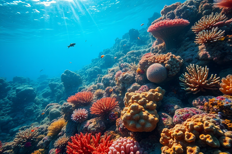 Sharp, high-resolution photo of a colorful coral reef teeming with life, soft light filtering through the clear ocean water, tiny fish darting among the coral, and the feeling of underwater wonder.