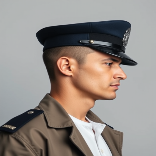 Regenerate an image of a male in profile wearing a police hat against a soft gray background, using a Canon EOS 5D Mark IV, 50mm lens, f/1.8 aperture, 1/200s shutter speed, ISO 200, natural lighting for enhanced detail and depth.