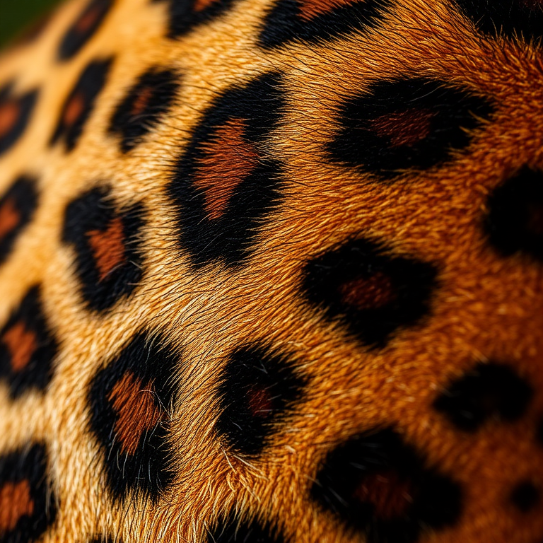 close-up shot of leopard fur texture with detailed patterns, natural lighting, ISO 100, f/8 aperture, 50mm lens, DSLR camera.