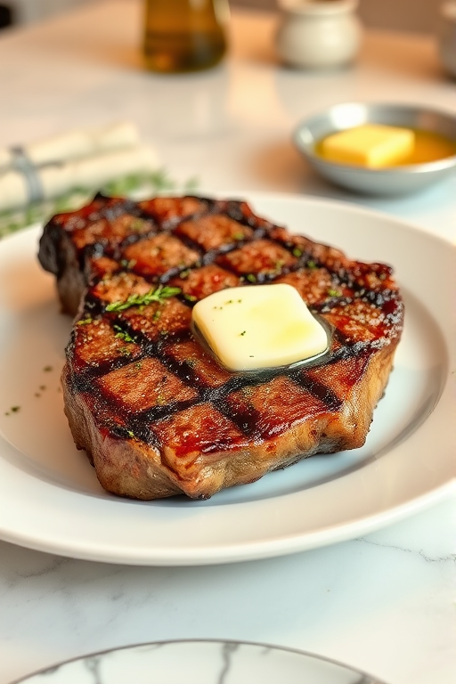Create an image of a perfectly seared ribeye steak, resting on a white plate with a pat of melting butter on top. The steak is seasoned with fresh herbs like thyme and parsley, with glistening juices highlighting the texture of the meat. The background features a soft focus on a light, marble countertop, with a small dish of butter and an olive oil bottle in the distance. The overall mood should be warm and inviting, capturing the deliciousness and juiciness of the steak.