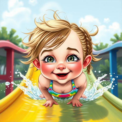 A sassy caricature toddler girl with medium highlighted hair in a messy braid, light eyes, fluffy long lashes, silly funny faces, wearing a colorful swimsuit, going down a waterslide face first, lots of water, created in highlighted chalk style, vibrant colors, background is a park with acrylic paint, airbrush
