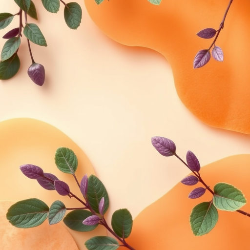 create an abstract background featuring soft pastel shapes in peach and orange tones with delicate leaves in green and purple, shot with a Canon EOS R5 at f/8, ISO 100, 24mm lens, soft focus, high dynamic range, overhead view