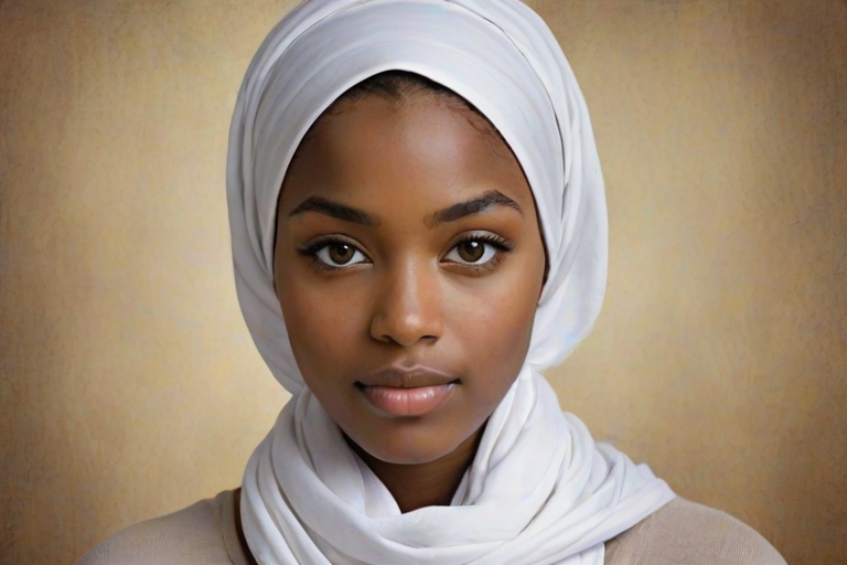 Create a portrait of a young African American female with long, dark hair and captivating hazel eyes. She is wearing a white headscarf and a matching scarf draped gracefully around her neck. The background is softly blurred, focusing attention on her serene and natural expression. The overall color palette is muted and warm, enhancing the intimate and authentic feel of the portrait.