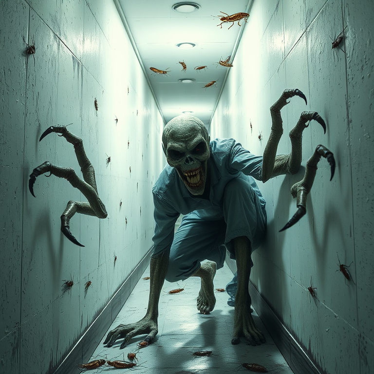a crooked male with long arms and a creepy smile is crawling along a long white corridor and you can also see cockroaches in it there is a creepy atmosphere creepy art style