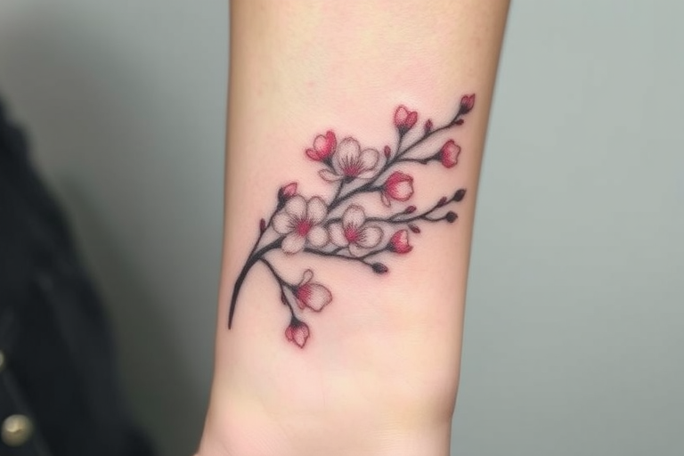 Delicate fine line tattoo of a blooming cherry blossom branch wrapping around the wrist, incorporating soft pink and white hues with subtle gray shading, emphasizing minimalist elegance and botanical precision