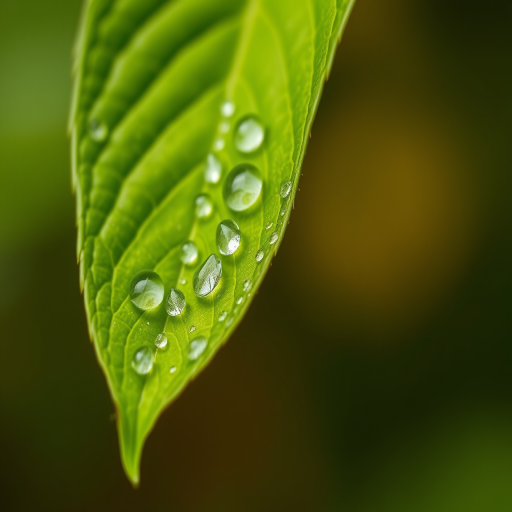 macro shot of a green leaf with water droplets on it, soft bokeh background, using a 50mm lens, aperture f/2.8, ISO 100, shutter speed 1/200s, natural lighting, DSLR camera