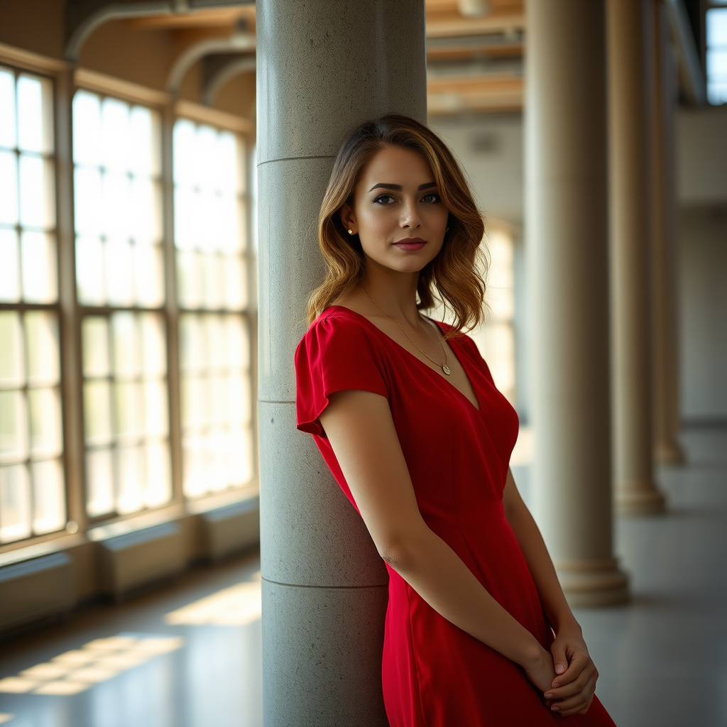 Portrait of a woman in a red dress leaning against a column in a spacious indoor setting, natural light streaming in through large windows, shallow depth of field, captured with a Canon EOS R5, 85mm lens, f/1.4 aperture, ISO 100, 1/200s shutter speed, soft focus background for enhanced detail on the subject.