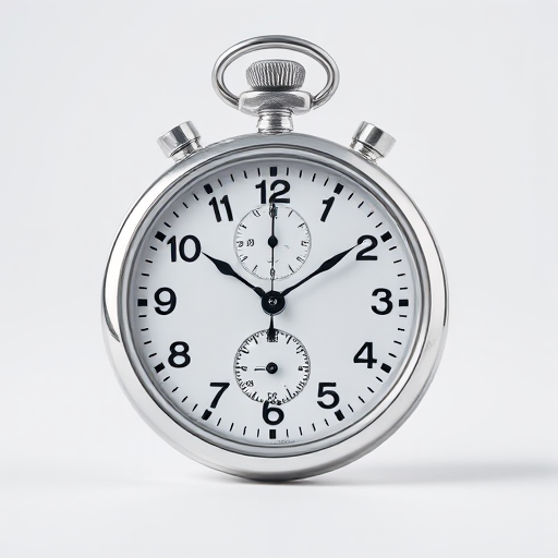 Create a highly detailed image of a sleek silver stopwatch with a polished finish, capture it in a 50mm lens, f/2.8 aperture, 1/125 shutter speed, using a professional DSLR camera in a bright, evenly lit studio environment.