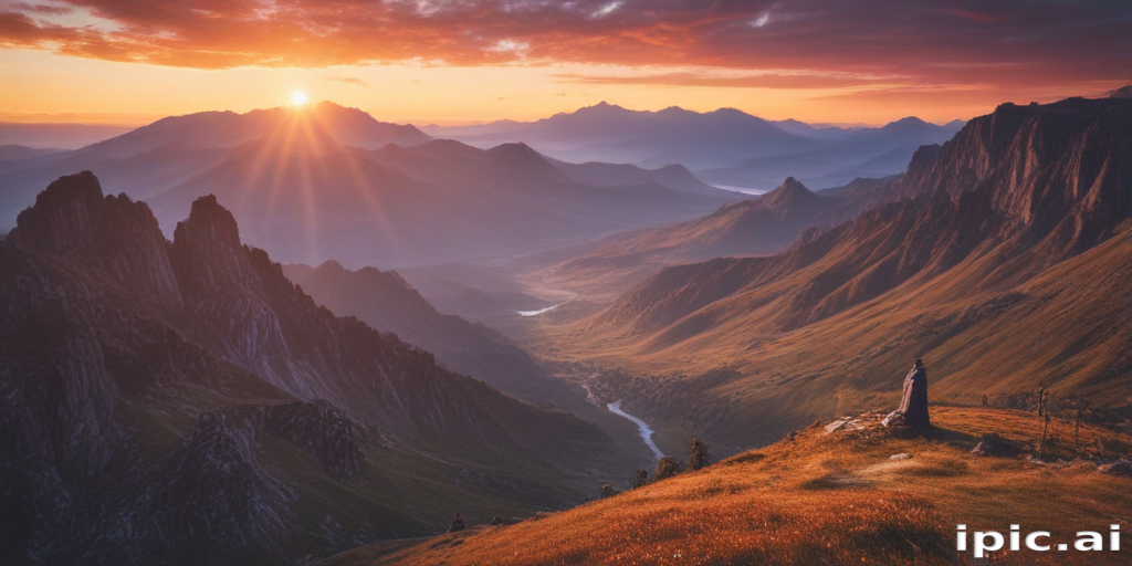 Majestic Sunrise Over Mountains and Valleys with a Serene River Below