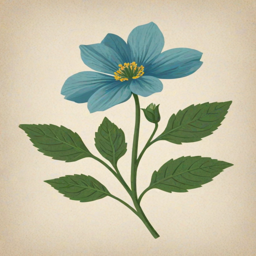 a simple blue flower with a textured center and green leaves on a slender stem, illustrated in a flat design style