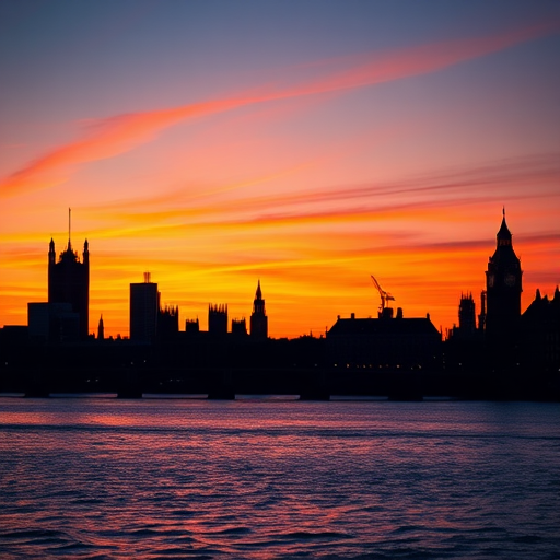 Create a skyline silhouette of iconic London landmarks at sunset, with vibrant colors reflecting in the water, shot with a Canon EOS 5D Mark IV using a 24-70mm f/2.8 lens at f/11, 1/125 sec shutter speed, ISO 100, capturing a wide-angle view for enhanced detail and depth.