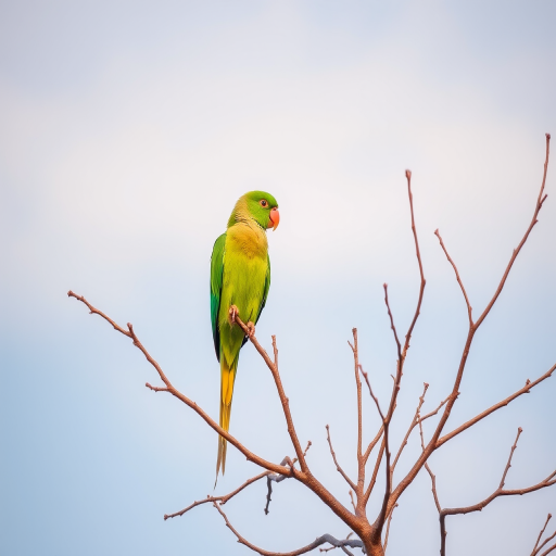 regenerate an image of a green parrot perched on a bare tree branch against a soft blue sky, using a DSLR camera with a 200mm lens, aperture f/4, shutter speed 1/1000s, ISO 200, in a natural light setting for sharp detail and vibrant colors