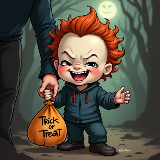 A whimsical caricature of a child version of Michael Myers, grinning mischievously. He is held by the hand of an unrecognizable person (only their hand visible), while holding a bag labeled 'Trick or Treat.' His facial expression is playful yet slightly menacing, reflecting his iconic figure. The scene is in portrait format with a Halloween theme, featuring exaggerated cartoon details like big eyes, a small body, and a creepy yet light-hearted tone.