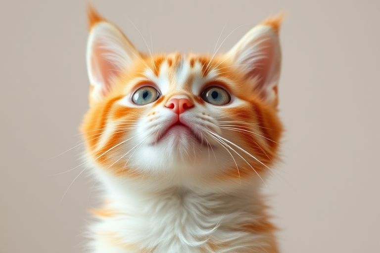 Fluffy orange and white cat with large round eyes looking up adorably against a simple background.