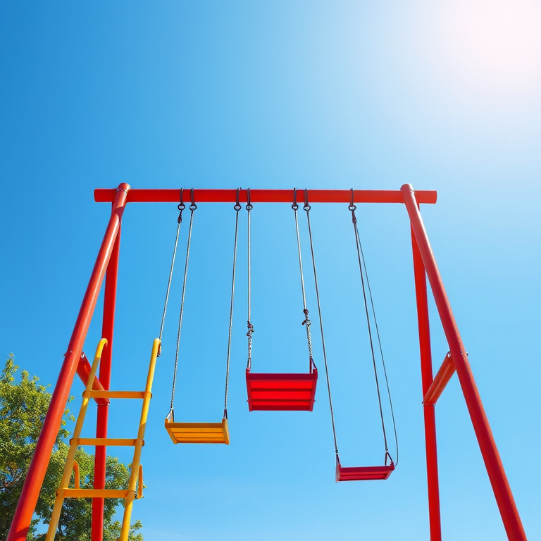create a detailed digital illustration of a colorful playground swing set with multiple swings and ladders, using a Canon EOS R5 with a 24-70mm f/2.8 lens, aperture set to f/5.6, ISO 100, natural lighting, and a slight upward angle to emphasize the structure against a clear blue sky