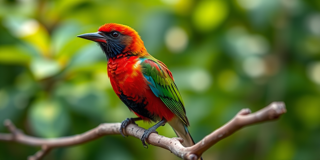 Capture a vibrant bird perched on a natural branch, with a shallow depth of field to blur the lush green background, using a DSLR camera with a 300mm lens, f/4 aperture, ISO 200, and a shutter speed of 1/500s, in natural light with a focus on rich colors and details.