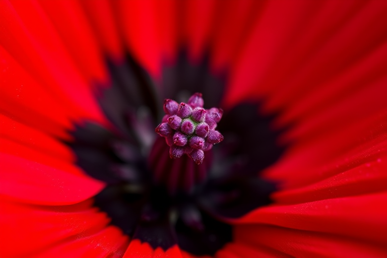 capture a close-up of a vibrant red flower with a sleek black center and purple stamen, shallow depth of field, natural light, 50mm lens, f/2.8, ISO 100, macro photography, DSLR camera