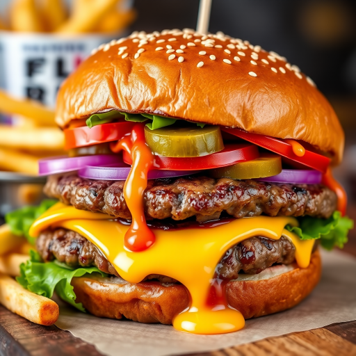 High-resolution, close-up image of a gourmet double cheeseburger. The burger features a glossy, sesame-seed-topped brioche bun. Inside, there are two thick, juicy beef patties, each topped with melted cheddar cheese. The burger is garnished with fresh lettuce, tomato slices, diced onions, and pickles. A generous amount of ketchup and a creamy, orange-colored sauce is dripping down the sides, adding to the mouth-watering appeal. In the background, there are blurred elements including a side of golden French fries and a hint of a beverage, enhancing the overall presentation of a delicious meal.