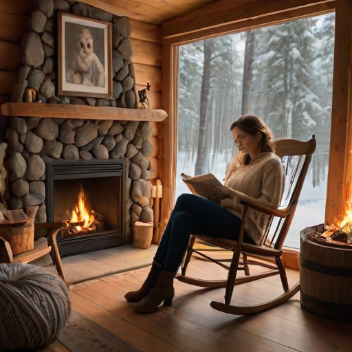 Cozy cabin in the woods, the sound of a crackling fireplace filling the room, a woman sits in a rocking chair, knitting by the fire, her dog curled up at her feet.
