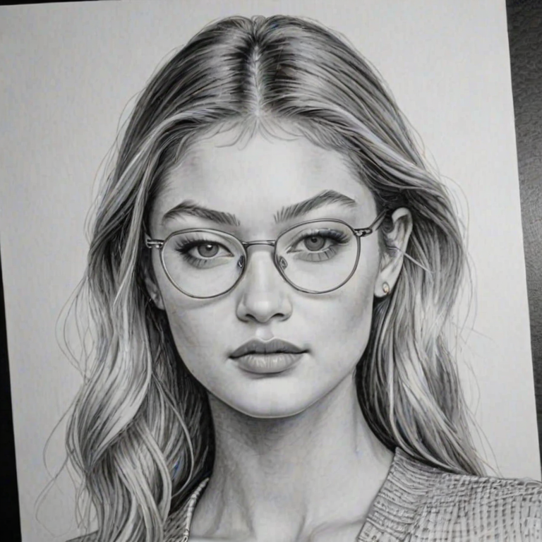 Charming Gigi Hadid, pencil sketch, portrait of Captivating woman 1977s in glasses, hair style beatnik, outline, clear lines, fine lines, 8k