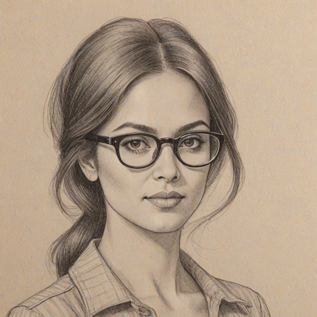 Fetching Melanie Chandra, pencil sketch, portrait of Sublime woman 1970s in glasses, hair style beatnik, outline, clear lines, fine lines, 8k