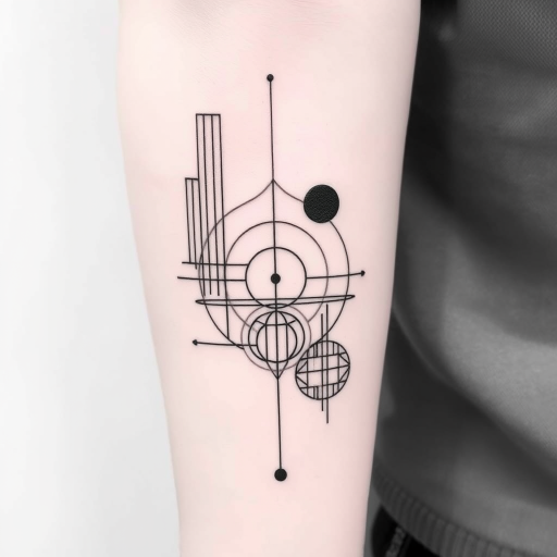 Minimalist blackwork tattoo named "Geometric Harmony" showcasing clean crisp lines forming abstract shapes and patterns interconnected in a balanced composition with varying line weights and negative space creating depth