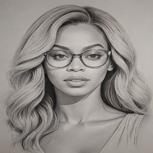 Gorgeous Beyonce, pencil sketch, portrait of Radiant woman 1967s in glasses, hair style beatnik, outline, clear lines, fine lines, 8k