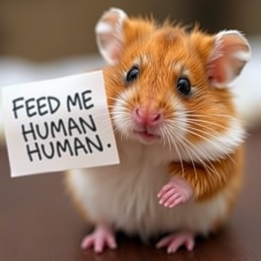 hamster holding a note which says "FEED ME HUMAN"