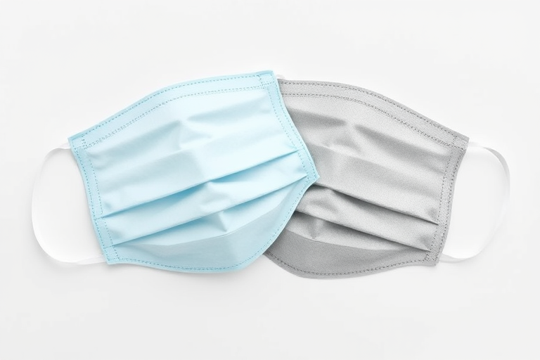 Create a high-resolution vector illustration of two facial sheet masks, one light blue and one gray, with a clean white background, using a digital camera with a 50mm lens, f/2.8 aperture, ISO 100, and a soft focus style.