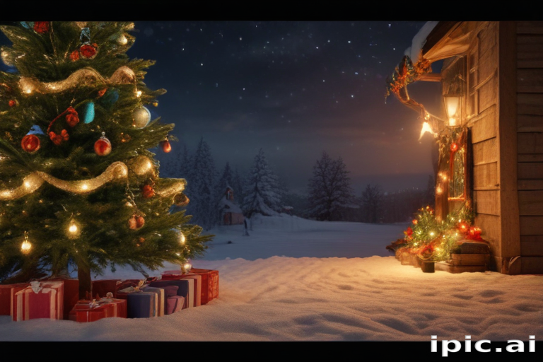 Cozy Winter Scene with Christmas Tree and Festive Decor Under Starry Sky