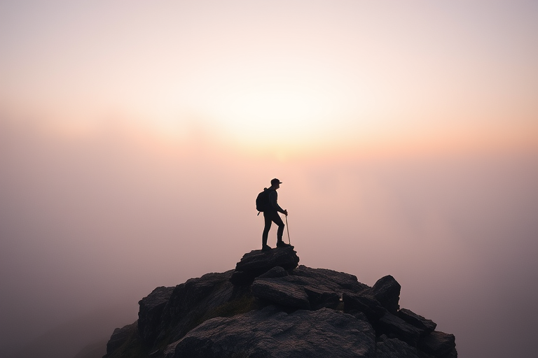 Low-resolution image of a foggy mountain landscape at dawn, muted pastel colors in the sky, soft light breaking through the mist, with a lone hiker in the foreground standing on a rocky outcrop.