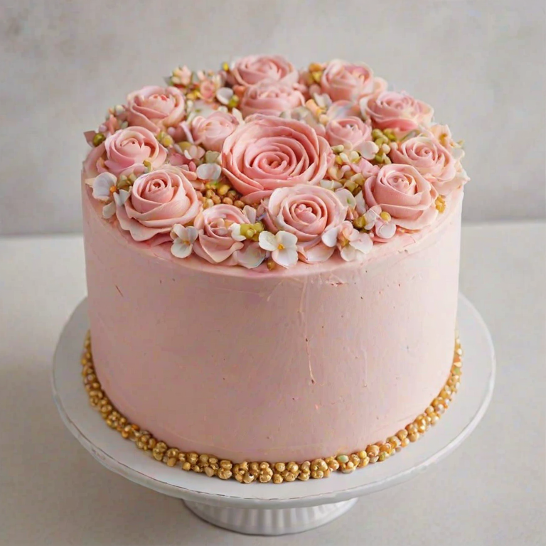 Create a round cake with a smooth pink frosting. Decorate the cake with delicate floral designs using pastel colors. Include various types of flowers, such as roses and small blossoms, along with subtle embellishments like tiny pearls or gold accents. The cake should have a modern and elegant appearance, set on a simple white cake stand against a neutral background.