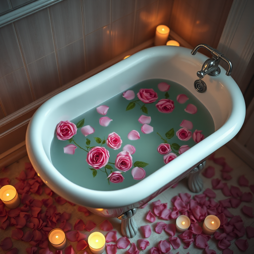 Create a serene, high-quality image of a vintage bathtub filled with water and floating pink and purple roses, surrounded by scattered rose petals and soft glowing candles, using a DSLR camera with a 50mm lens, f/1.8 aperture, ISO 200, and a warm, diffused lighting setup for a romantic atmosphere.
