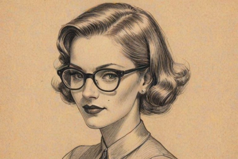 Bewitching Dominique McElligott, pencil sketch, portrait of Ravishing woman 1930s in glasses, hair style beatnik, outline, clear lines, fine lines, 8k