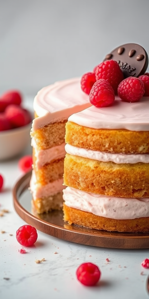 Regenerate a pastel-colored layered cake with a smooth cream top, raspberry and chocolate decoration, using a Canon EOS R5, 50mm lens, f/2.8 aperture, 1/125 shutter speed, natural light, and a shallow depth of field for a crisp and vibrant presentation.