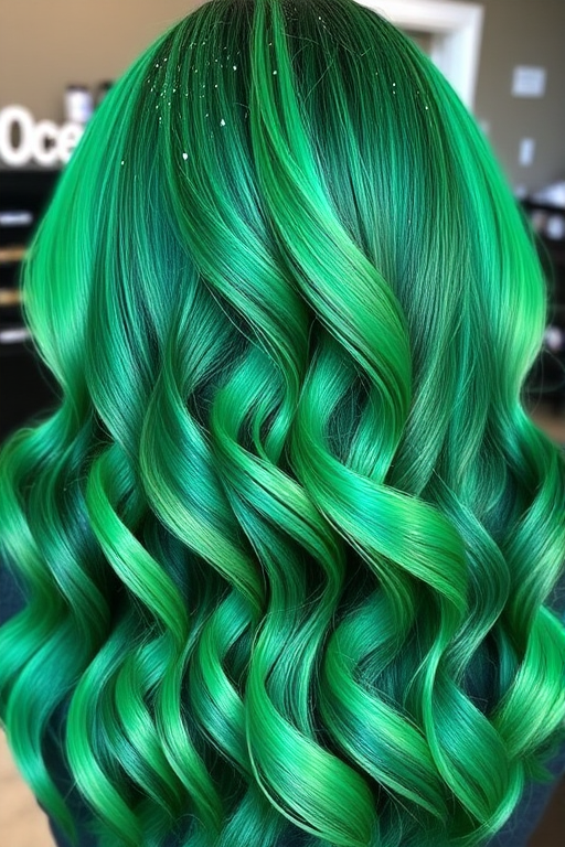 Emerald green mermaid waves expertly crafted by "Ocean's Crown" salon, showcasing long, luscious tresses with a seamless transition from deep forest green roots to vibrant seafoam tips, adorned with tiny, iridescent glitter accents that catch the light like shimmering scales.
