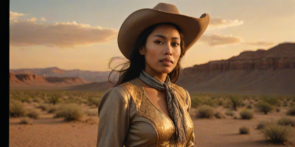 Dramatic photo of a beautiful Malay woman, classic cowboy attire, confident and free spirit expression, half-length portrait, centered, golden hour desert landscape, warm, diffused light, low angle, medium format film camera, in style of Annie Leibovitz.
