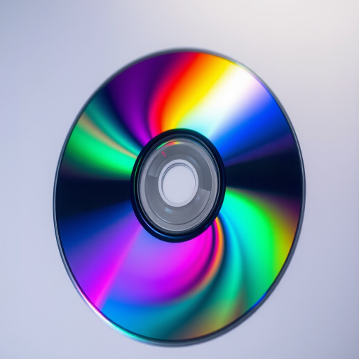 Create a high-resolution image of a shiny CD with a vibrant, swirling color pattern emanating from the center, captured with a DSLR camera at f/2.8 aperture, ISO 100, shutter speed 1/60s, using a macro lens to focus closely on the disc, with a soft gradient background for contrast.