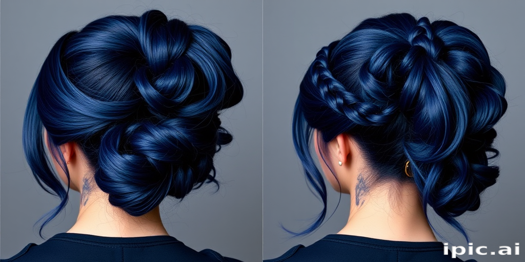 Dramatic midnight blue locks styled in a sleek, high ponytail with a braided wrap and cascading tendrils, embodying celestial beauty in the "Starry Night" updo