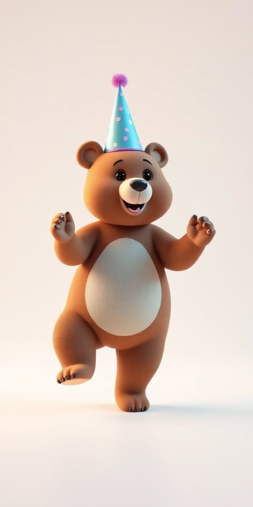 Generate a 3D render of a cartoon bear wearing a party hat dancing with a neutral human figure in a bright white studio setting with soft lighting, using a DSLR camera with a 50mm lens, aperture f/2.8, shutter speed 1/125, ISO 100 for a shallow depth of field and vibrant colors.