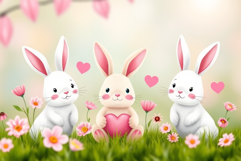Create a vibrant Easter-themed greeting card featuring playful bunny illustrations with soft pastel colors, incorporate pink flowers and hearts, use a soft focus background, shot with a DSLR camera at f/2.8 aperture, 50mm lens, 1/125 shutter speed for enhanced depth of field and image quality.