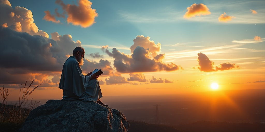 Create a serene landscape of a wise figure reading a book on a rock ledge at sunset, with dramatic clouds and a landscape view in the background, capture with a DSLR camera, aperture f/2.8, shutter speed 1/250s, ISO 100, wide-angle lens 24mm, golden hour lighting for enhanced detail and warmth.