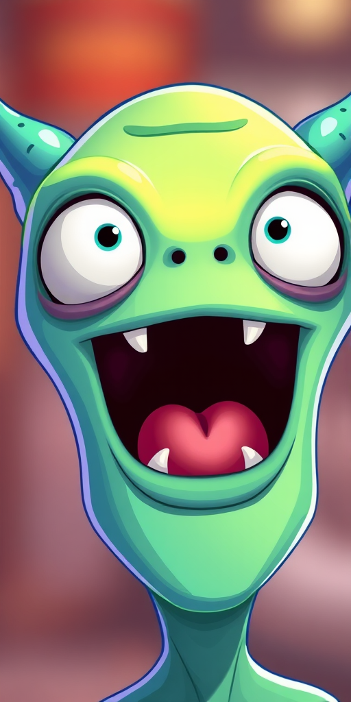 Create a vibrant cartoon alien face with a wide open mouth showing surprise, using a digital art style, capturing high detail at 300 DPI, 24mm lens, shallow depth of field, and bright color saturation.